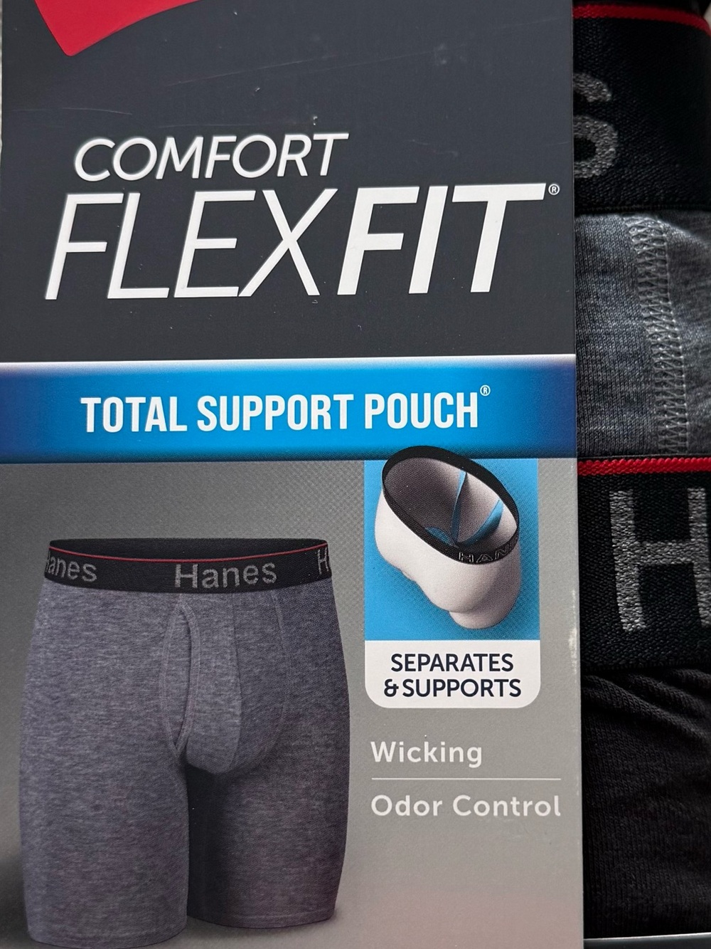 Hanes Gray Boxer Briefs with Black Waistband and Red Trim